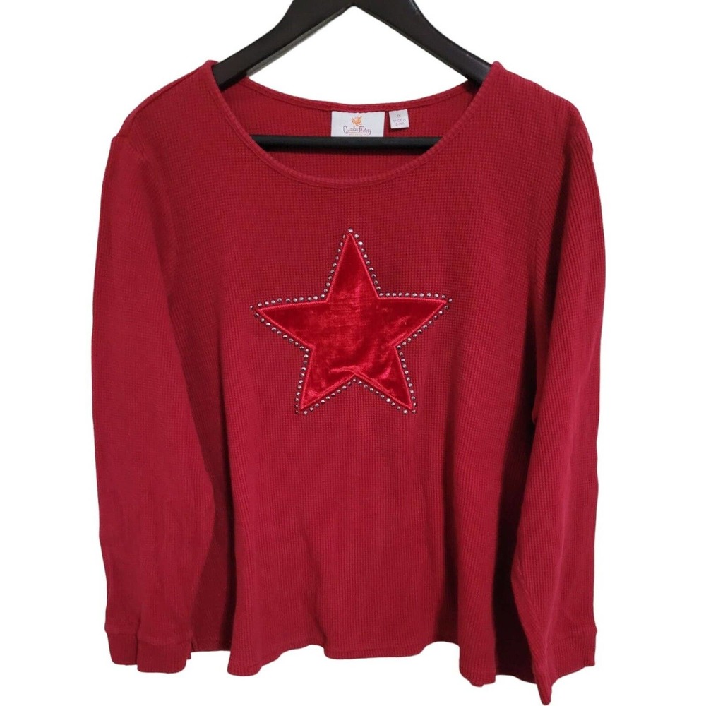 Quacker Factory Womens Size 1X Waffle Knit Shirt Top Velvet Star Rhinestone Trim